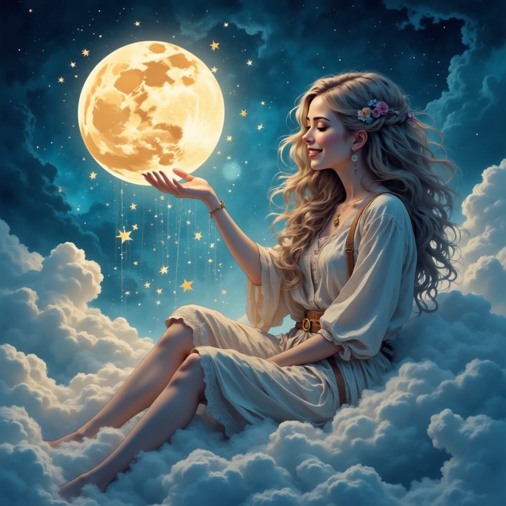 Woman Weaving Moonlight in Starry Sky