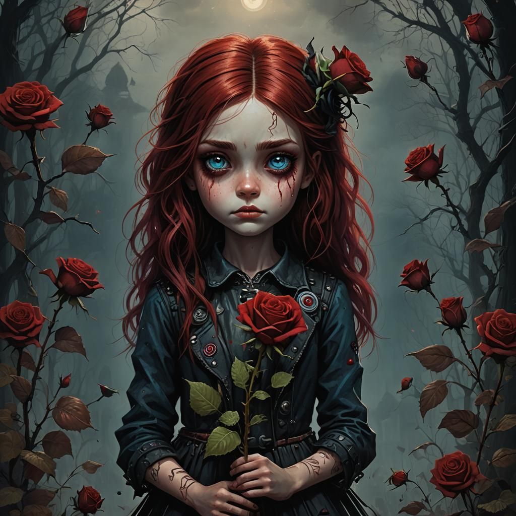 Punk Rock Girl with Rose in Dark Fantasy Style