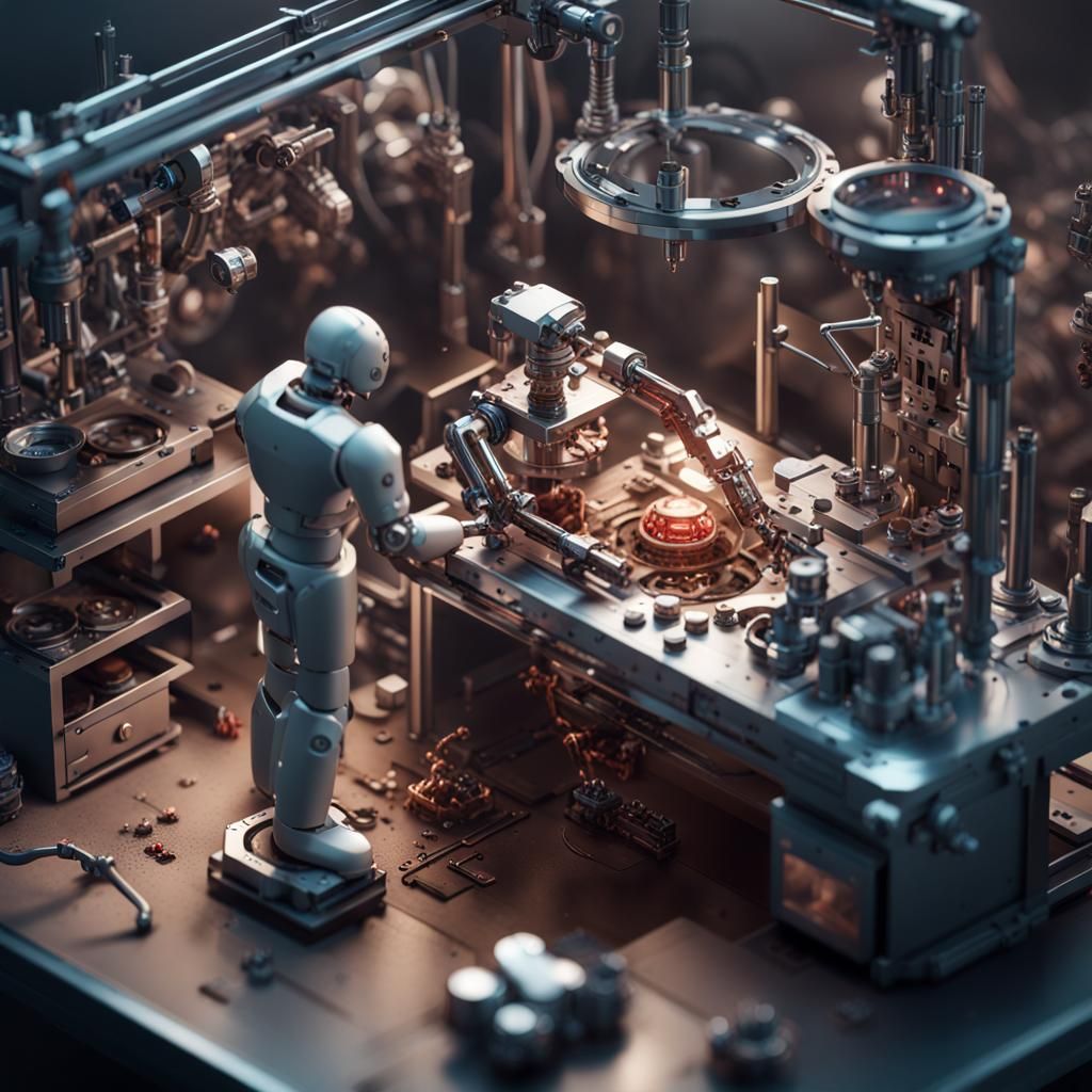 Isometric Robot Assembling Organic Mechanism in Sci-Fi Lab