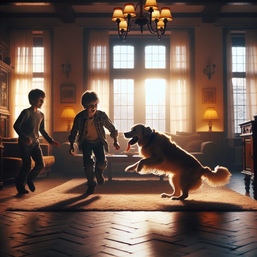 Dog and Boy Playing Fetch: Vintage Movie Scene