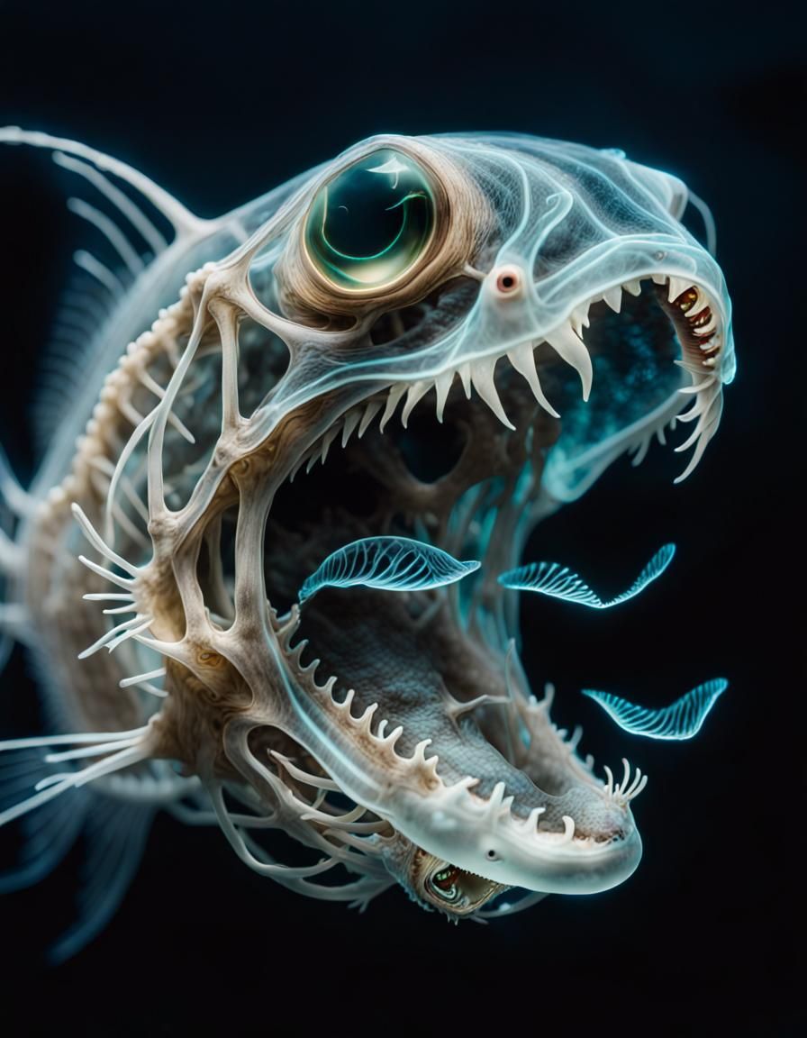 Bioluminescent Seadevil of the Abyss About to Eat
