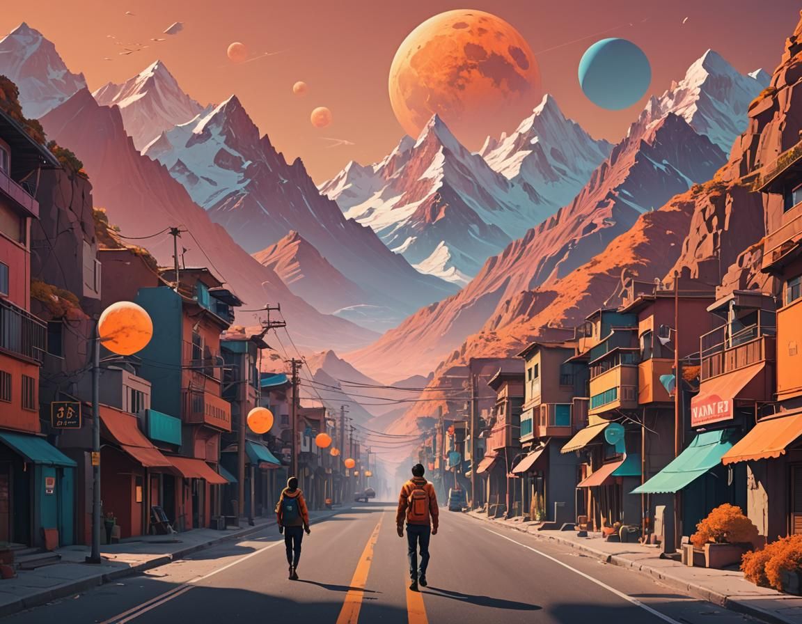 Street Scene with Mountains: Lowpoly Digital Art