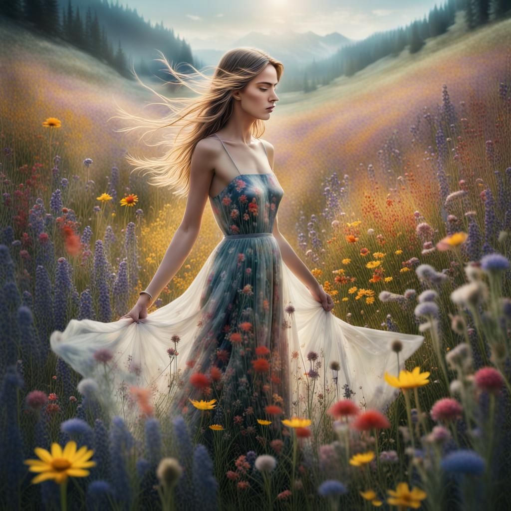 Wildflower Woman in Dreamlike Tuscan Landscape