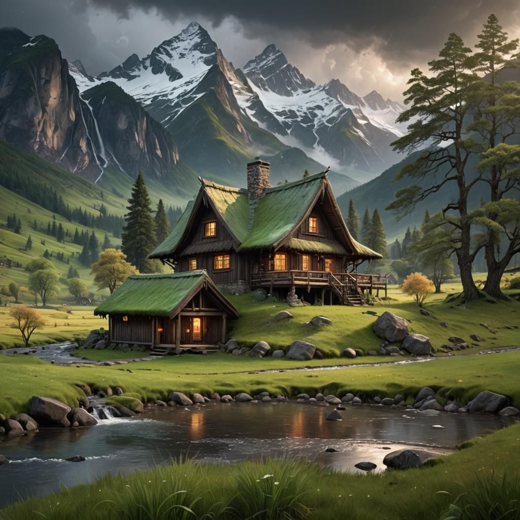 Serene Cabin in Mountain Landscape: Fantasy Concept Art