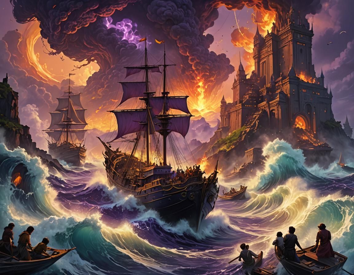 Atlantis Sinking: Volcano Eruption in Dark Fantasy Art