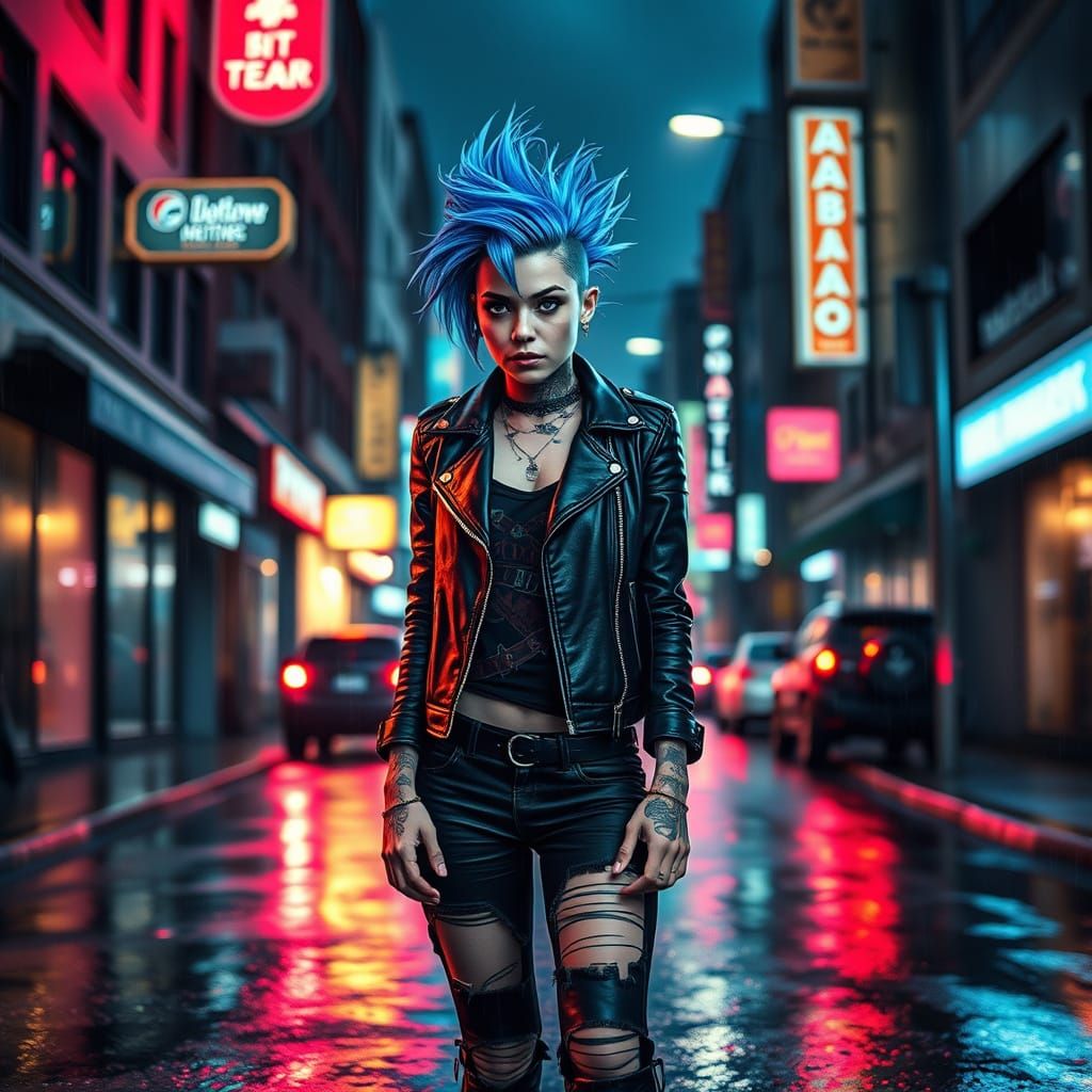 Punk Rocker on Rain-Slicked Street in Dark Fantasy Style