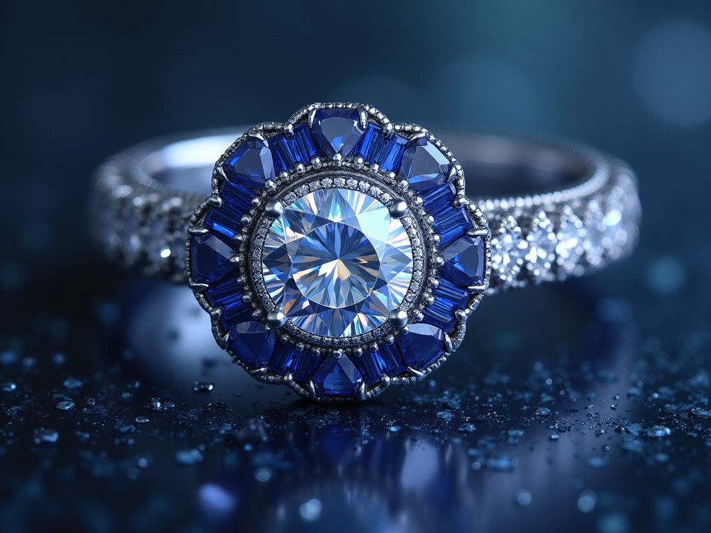 Diamond and Sapphire Platinum Ring, Detailed Matte Painting