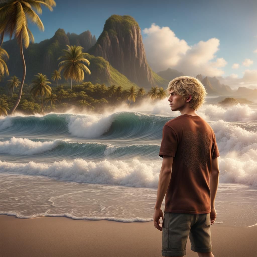 Teenage boy, brownish blond hair, standing on Polynesia beach with big waves in background.