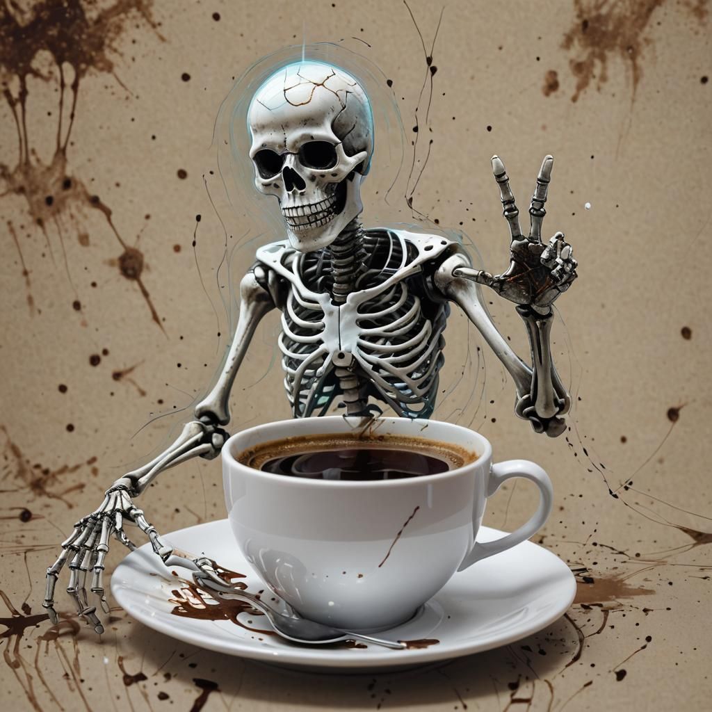 Glitch Art Skeleton Drinks Coffee