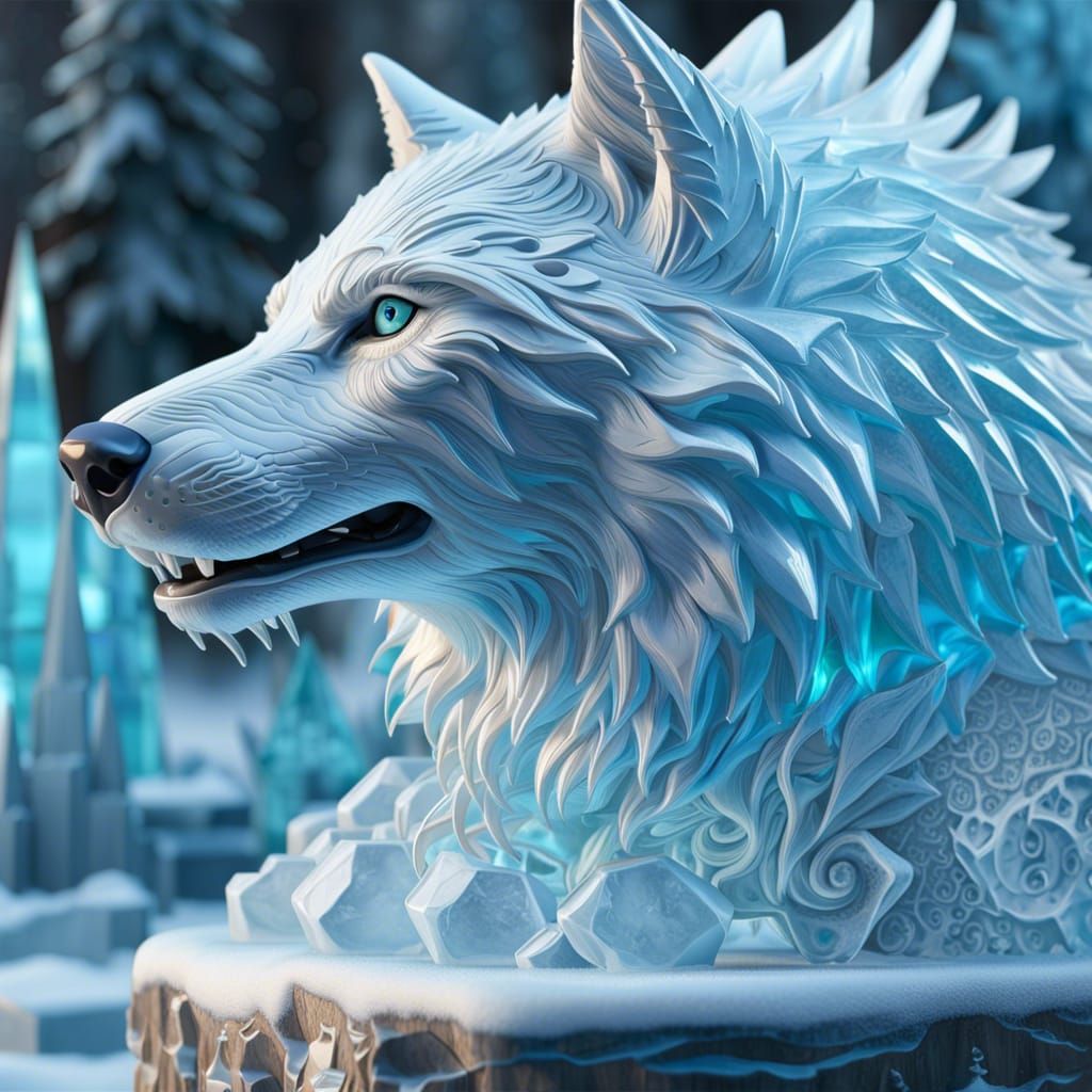 Intricate Ice Wolf Sculpture in Hyperrealism Style