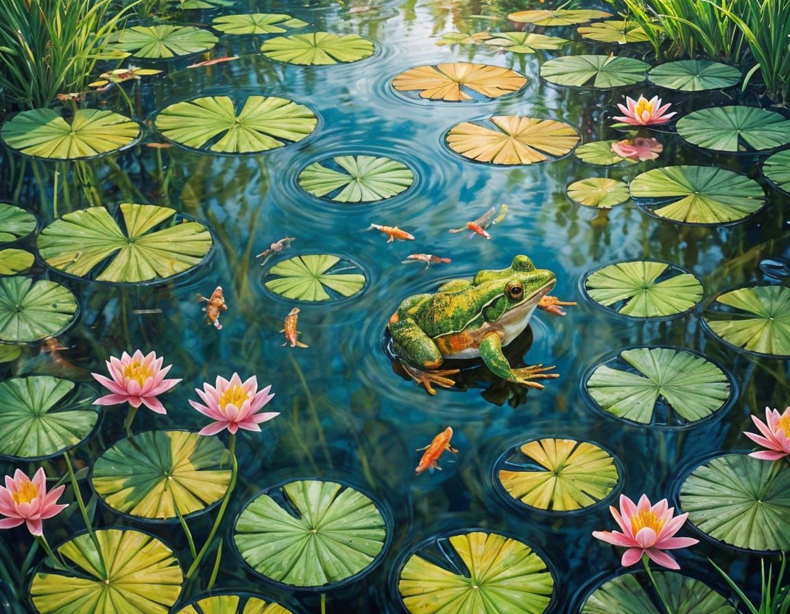 Frog Leap on Lily Pond with Koi Carp
