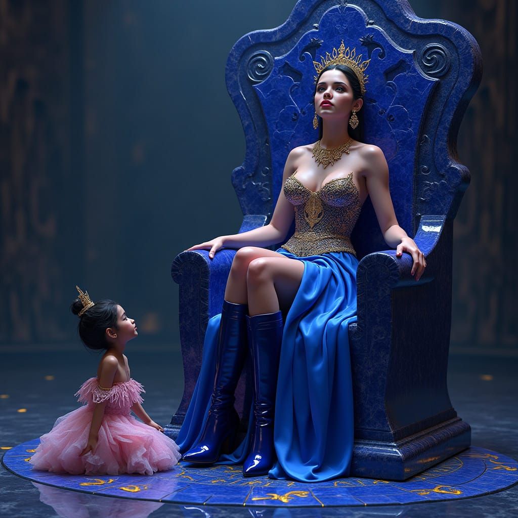 Regal Beauty in Lapis Throne, Surrounded by Splendor