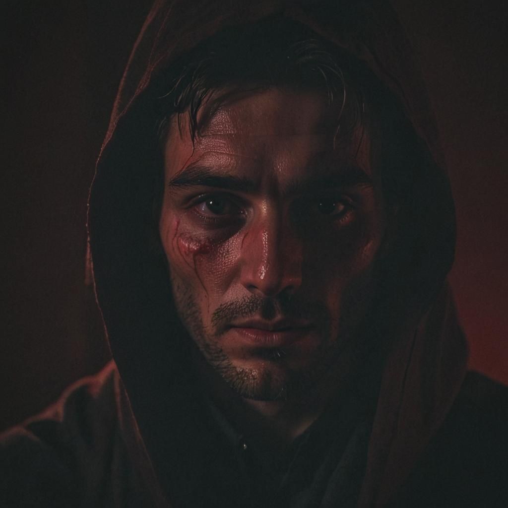 Mysterious Scarred Man in Shadows: Cinematic Portrait