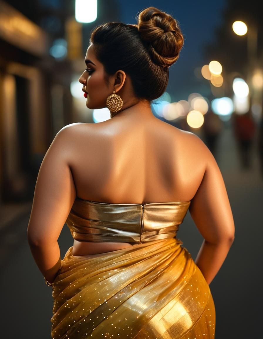 Curvy Woman in Golden Saree Portrait at Night