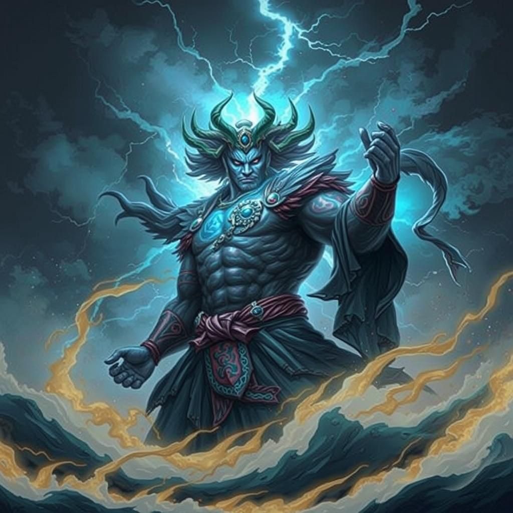 Raijin in Electric Storm, Japanese Art Style
