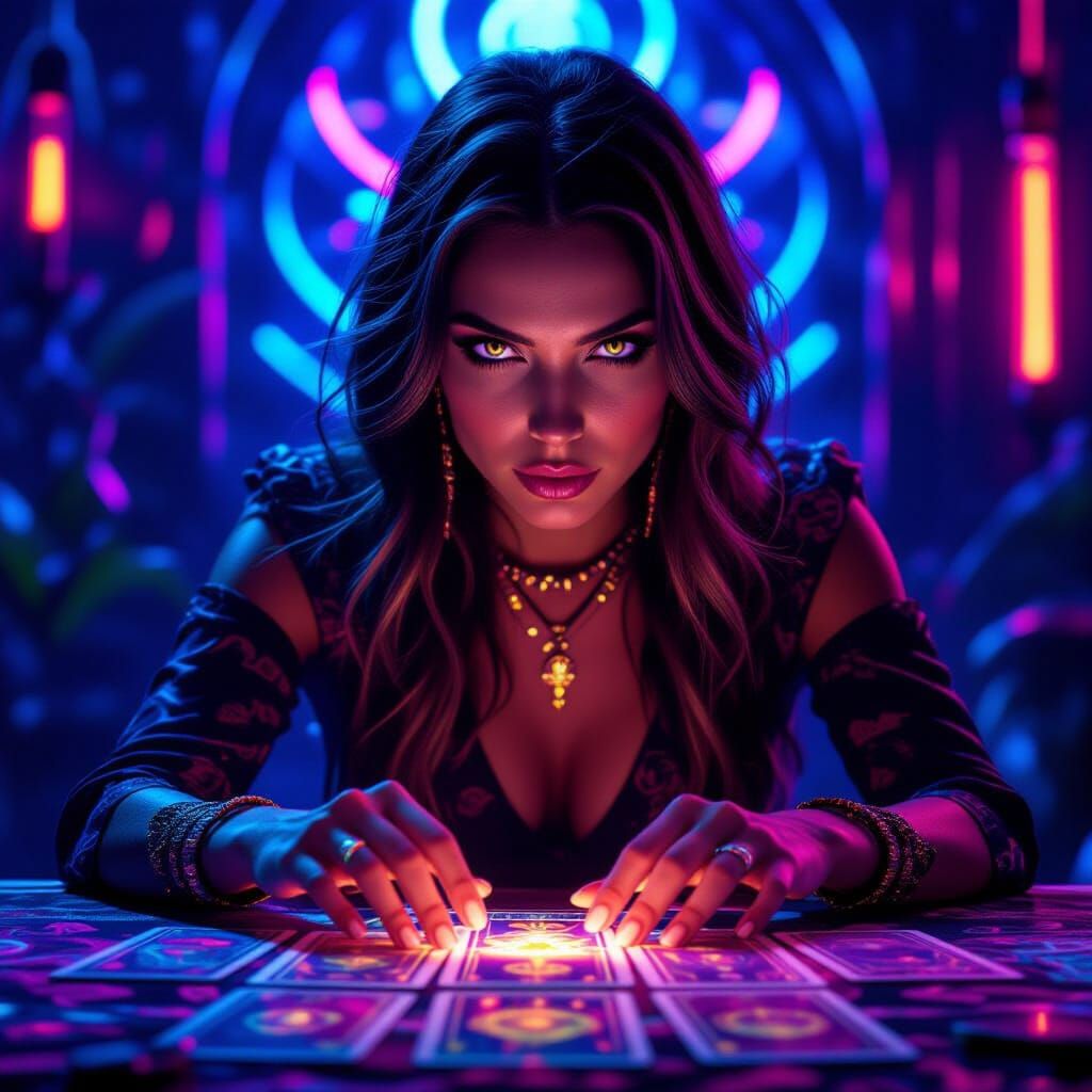 Psychic Tarot Reading In Neon Cyberpunk Style