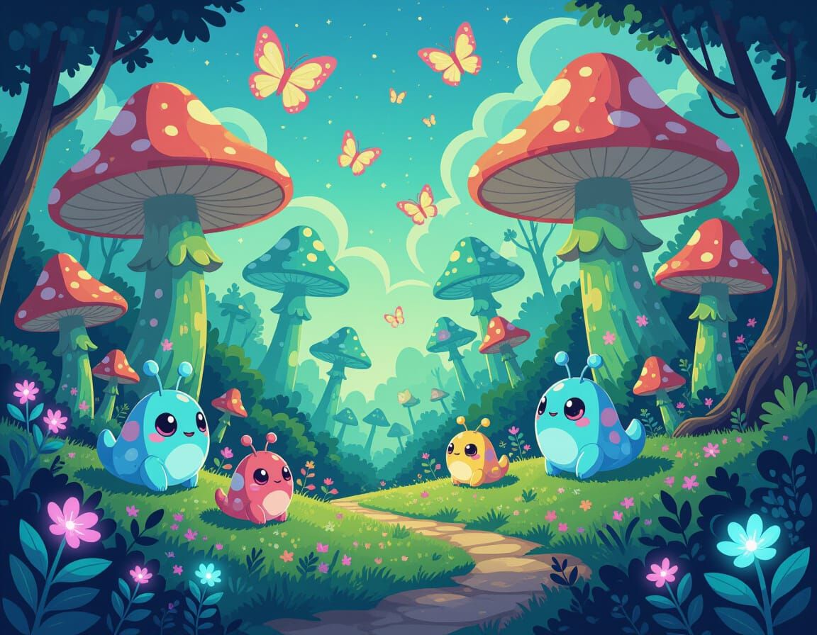 Alien Jungle With Whimsical Creatures and Mushrooms
