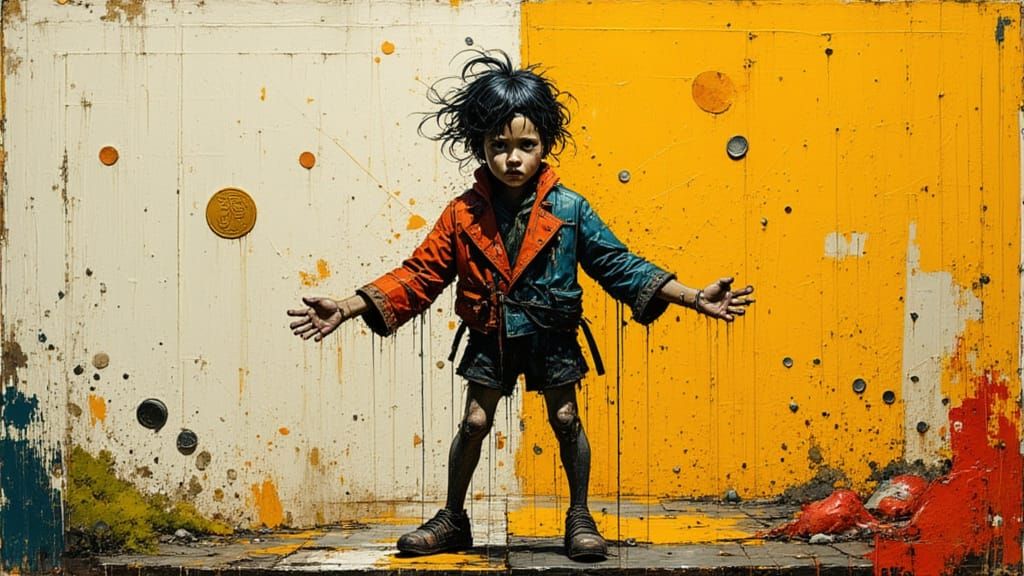 Boy Rover Receives Coins in Bold Poster Paint Style