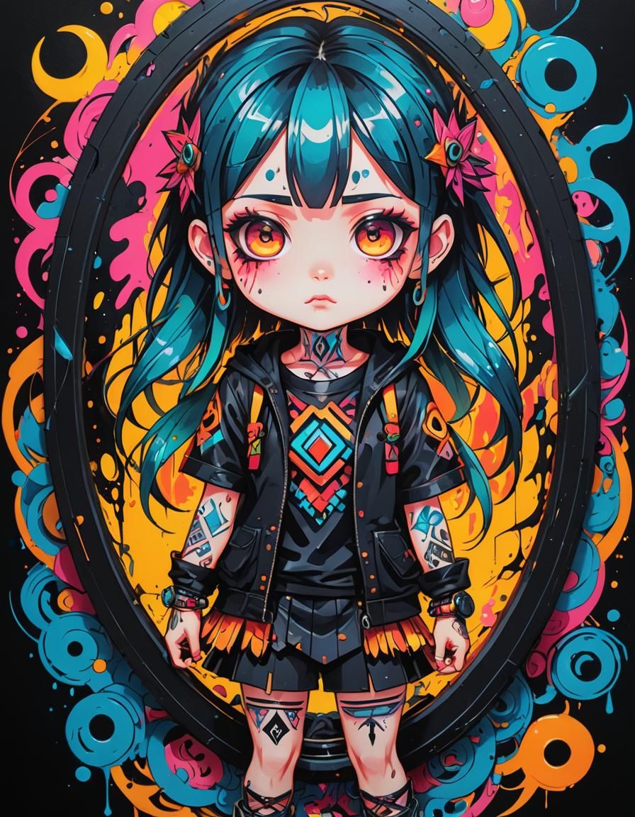 Cute Psycho Girl in Vibrant Anime Oil Painting