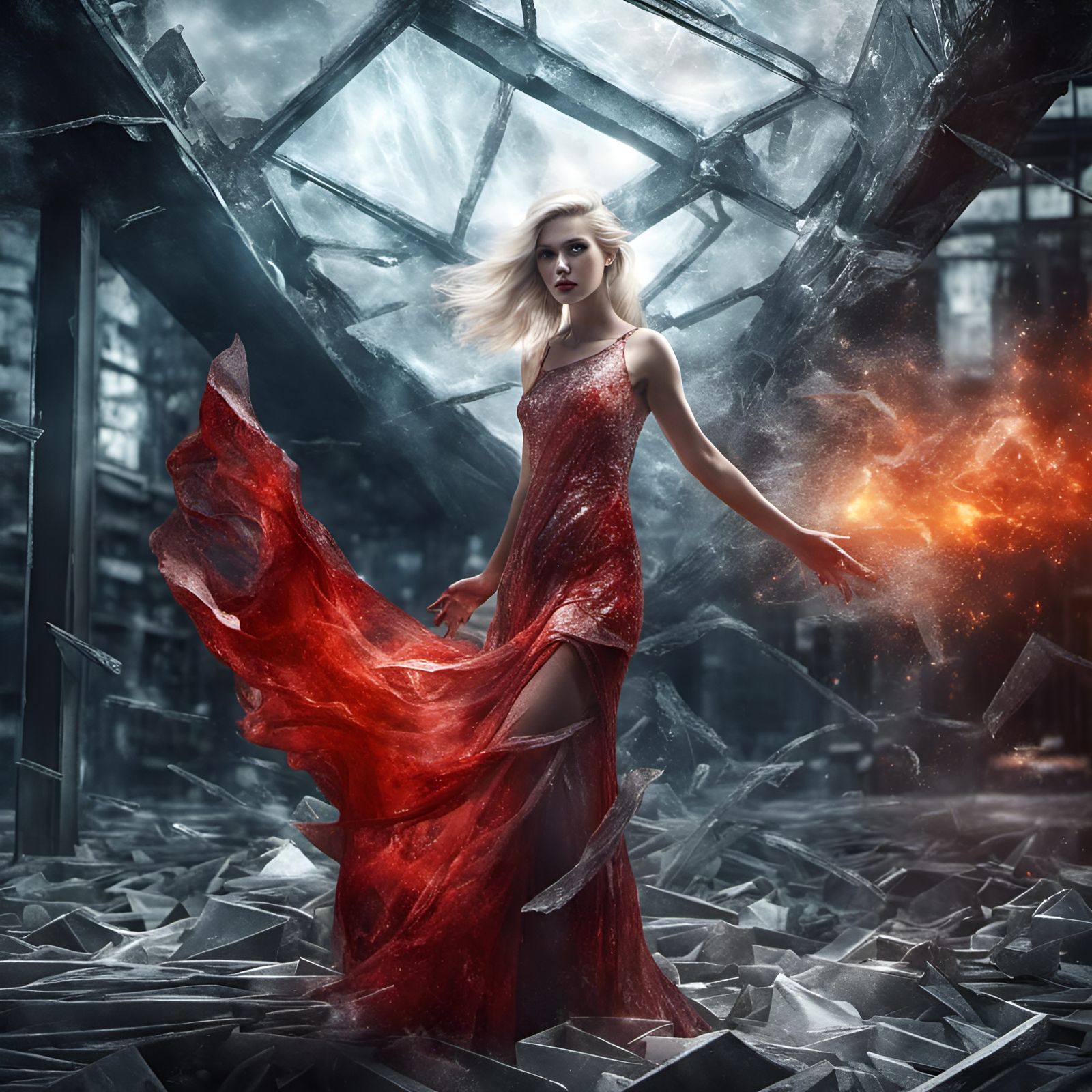 Futuristic Ice Girl in Fire Dress, Shattered Cube