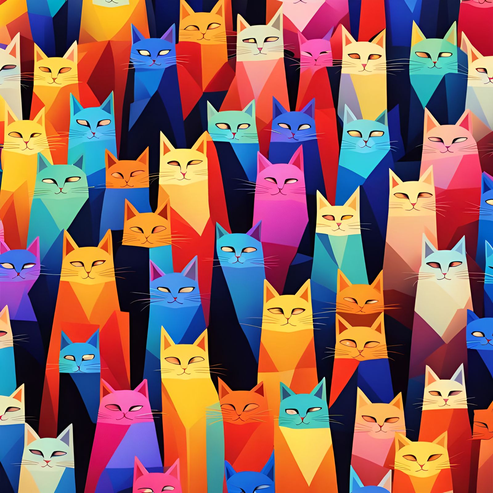 Colorful Cartoon Cats in Geometric Cubist Pattern