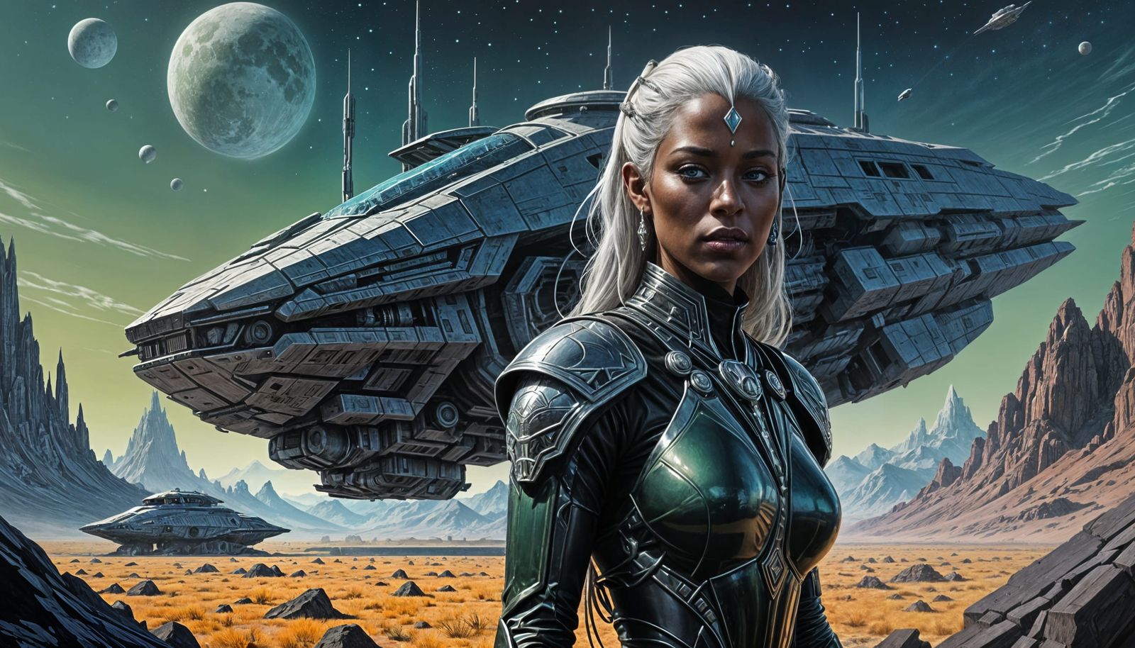 Exotic Alien Spacefaring Drow Pilot in Shimmering Saree