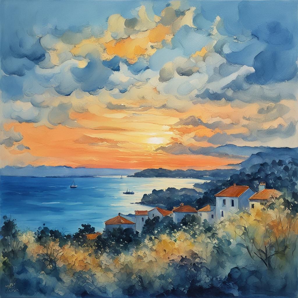 Seaview Dusk Hilltop Robot in Gouache Impressionism