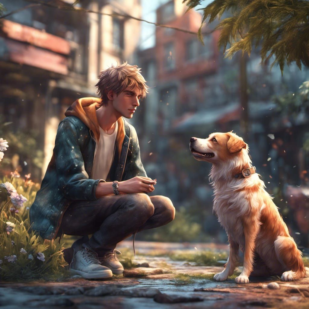 Anime Style Young Man Greets Dog