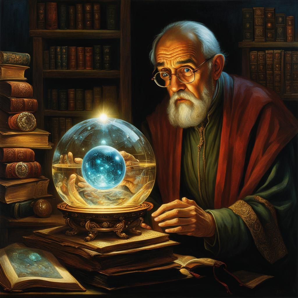 Scholar Gazing into Crystal Orb in Surrealist Style