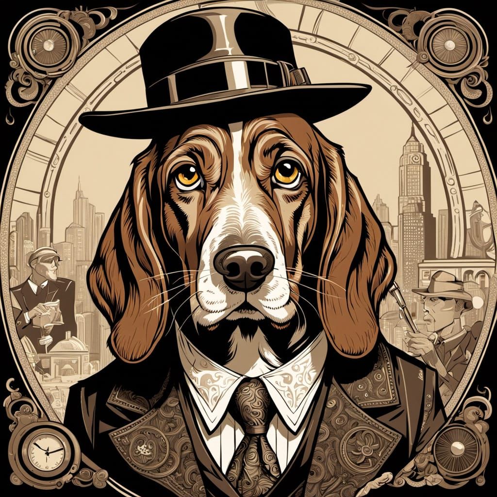 Art Deco Basset Hound Detective with Magnifying Glass