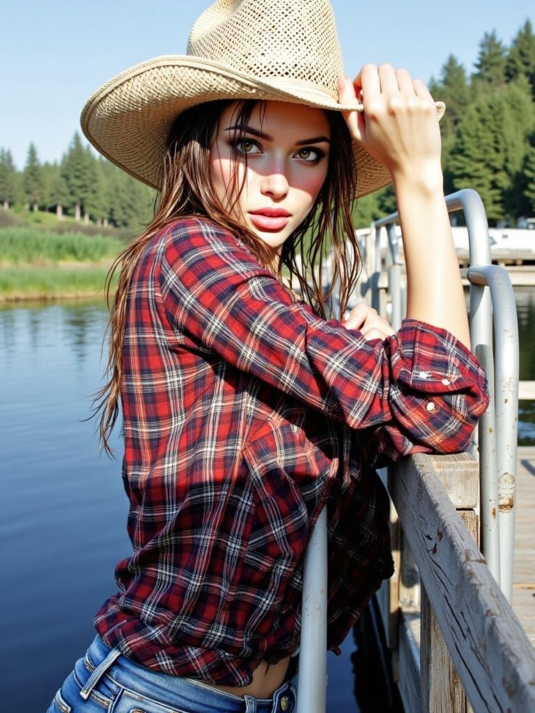 Woman at Lake's Edge in Rustic Charm Style