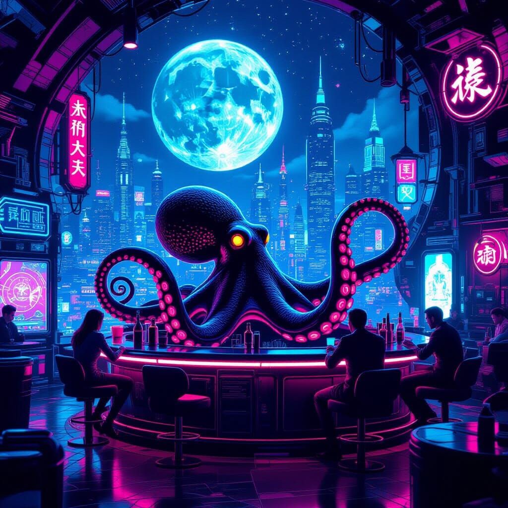 Octopus Bartender in Neon Lunar Lounge, Cyberpunk Style
