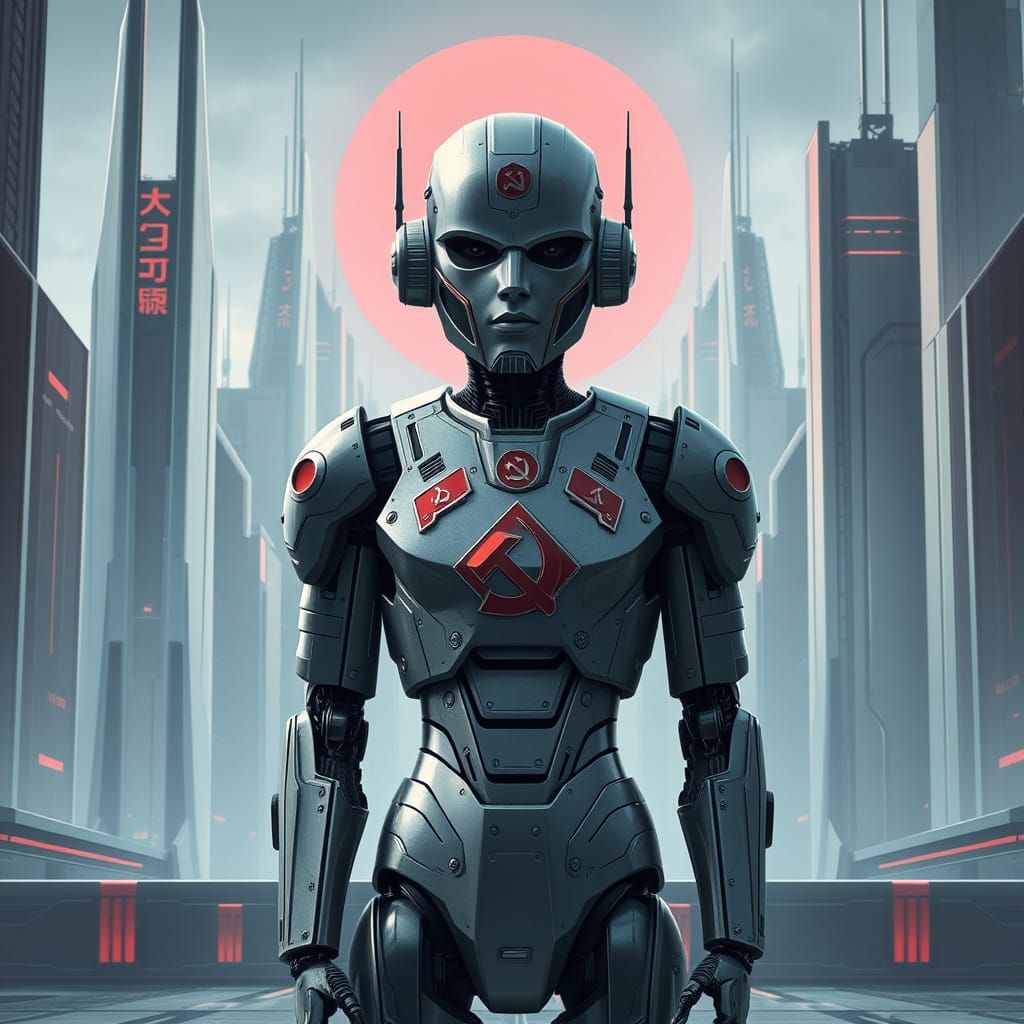 Futuristic Dystopian Cityscape with Robotic Overlord