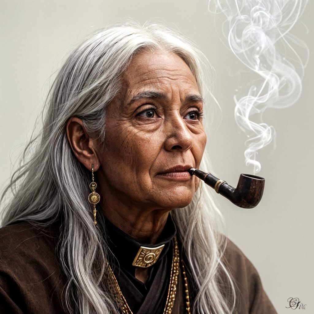 Portrait of an Elderly Priestess Smoking a Pipe