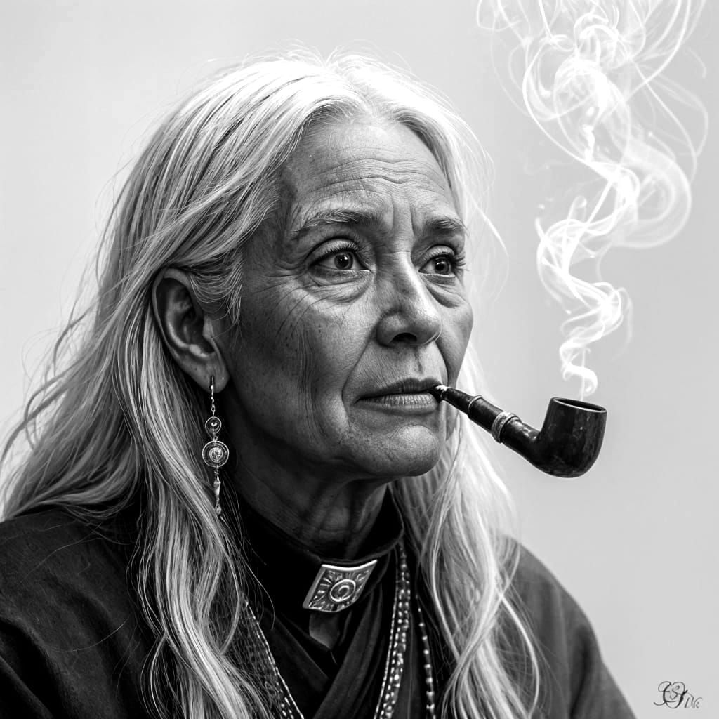 Elderly Priestess Smoking Pipe in Smoky Portrait