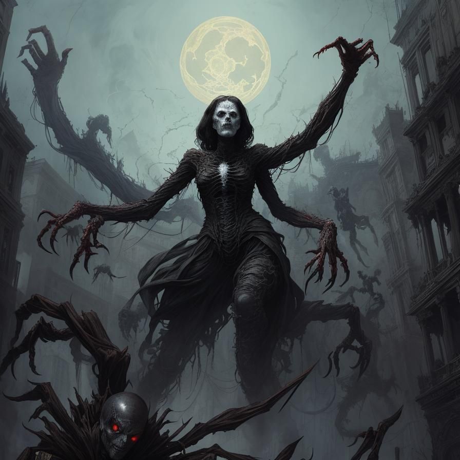 Decayed Spider-Woman in Web: Horror Art