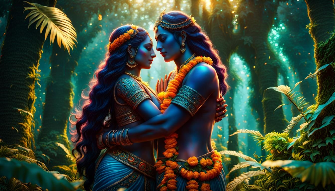 Krishna and Radha's Cosmic Jungle Embrace