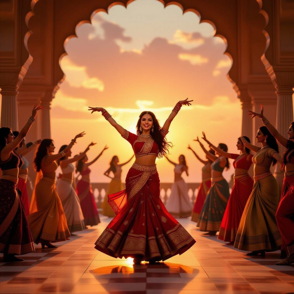 Vibrant Bollywood Dance Scene at Sunset