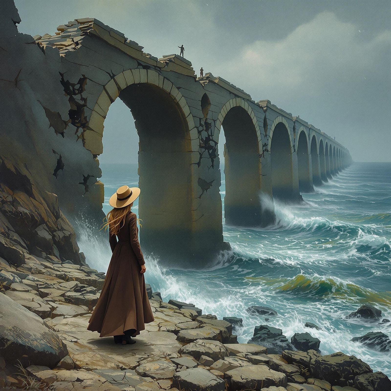 Woman Contemplates Ruins of Ancient Ocean Bridge in Haunting...