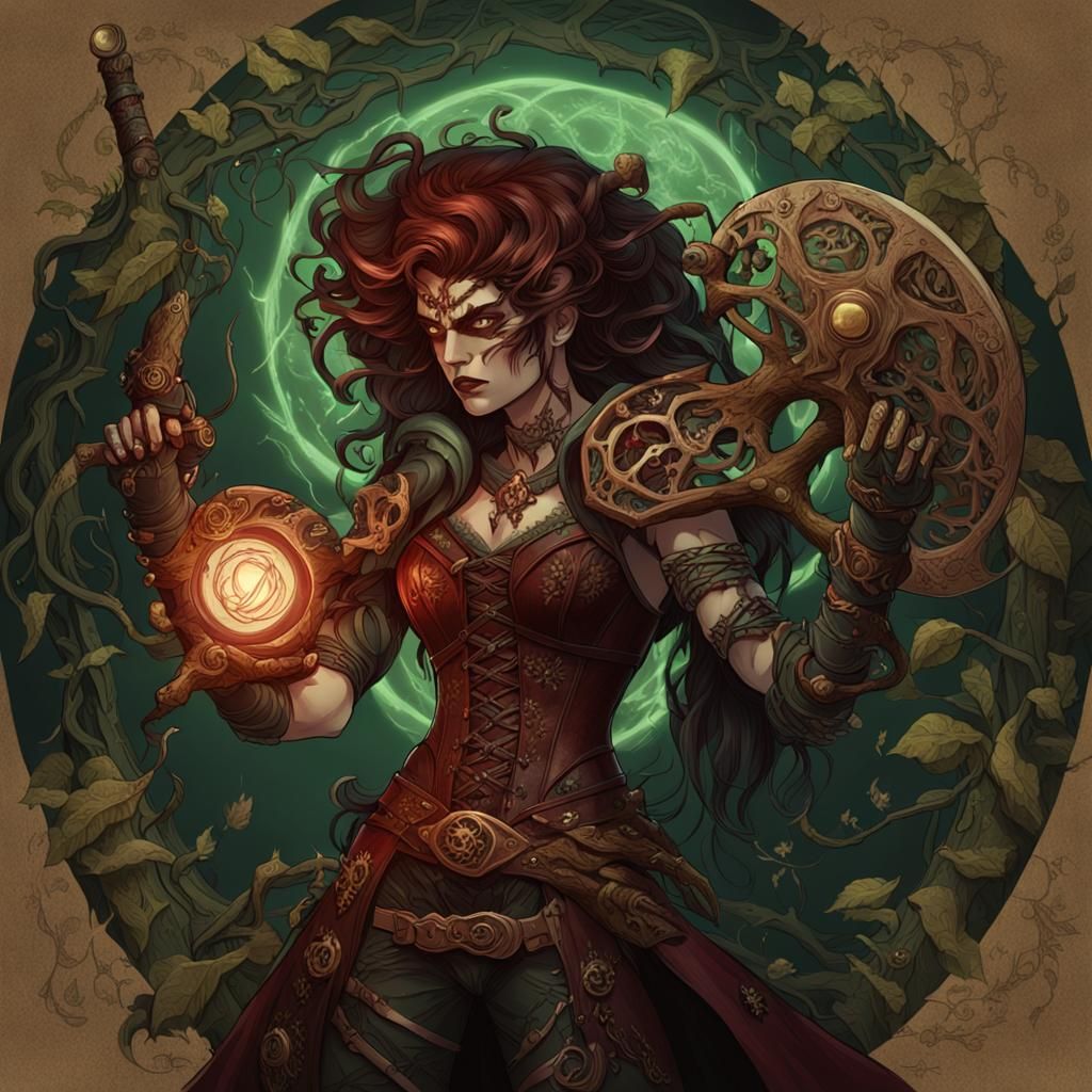 Dryad Witch Barbarian with Buzzsaw: Fantasy Concept Art