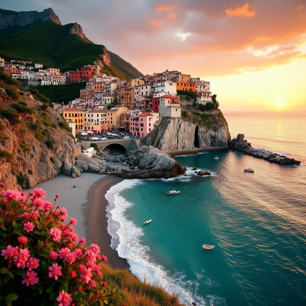 Mediterranean Coastal Village at Sunset
