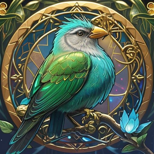 Bioluminescent Bird in Art Nouveau Style
