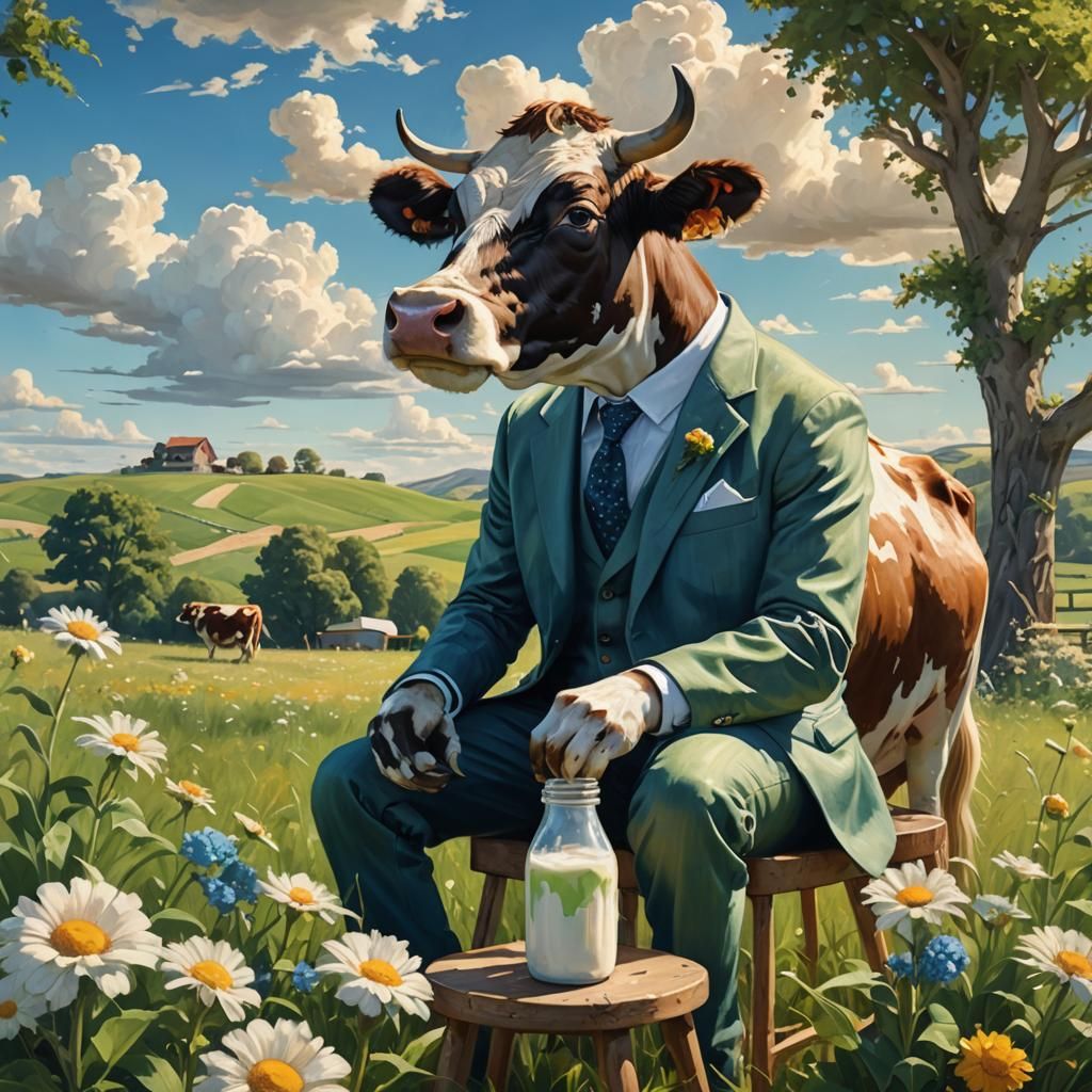 Cow in Suit Drinking Milk, Detailed Matte Painting