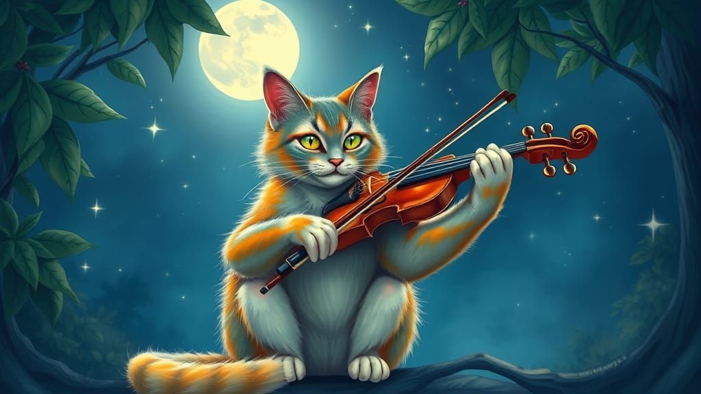 Majestic Cat Performs Under Starry Night Sky in Serene Fores...