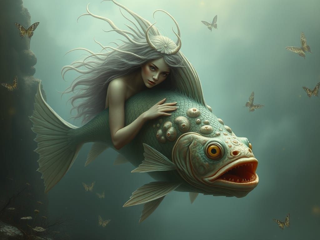 Ethereal Fantasy Creature with Pet in Misty Landscape