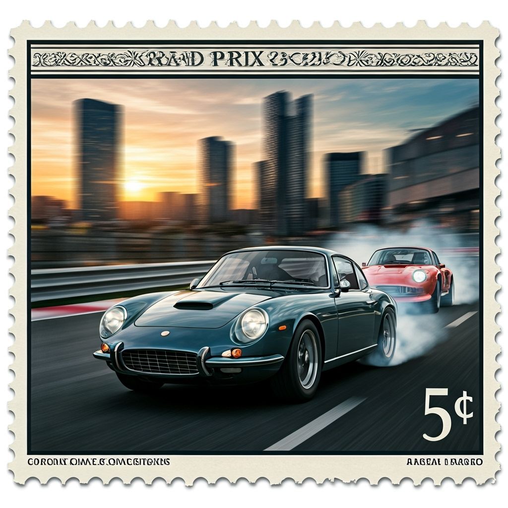 Vintage Stamp of Classic Cars Street Racing Scene