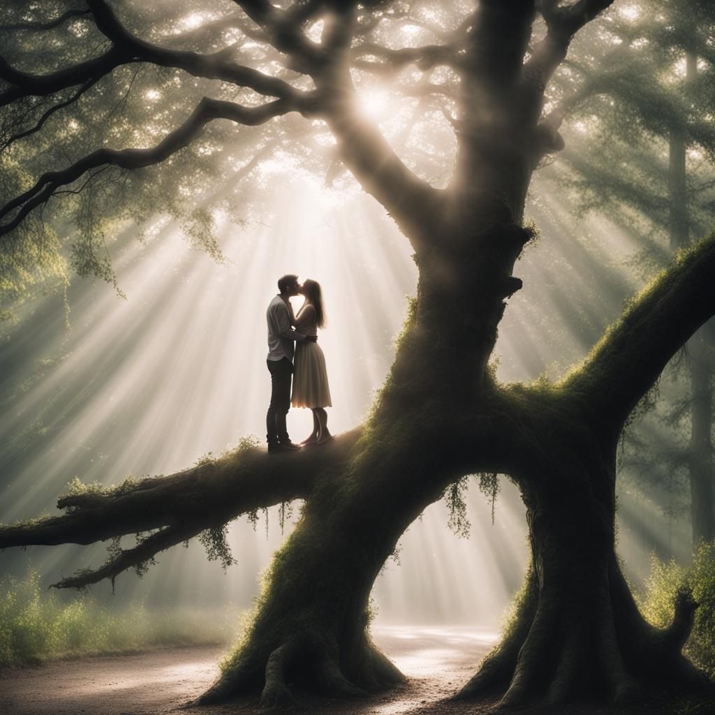 Couple Kissing on Tree Branch in Rainy Weather