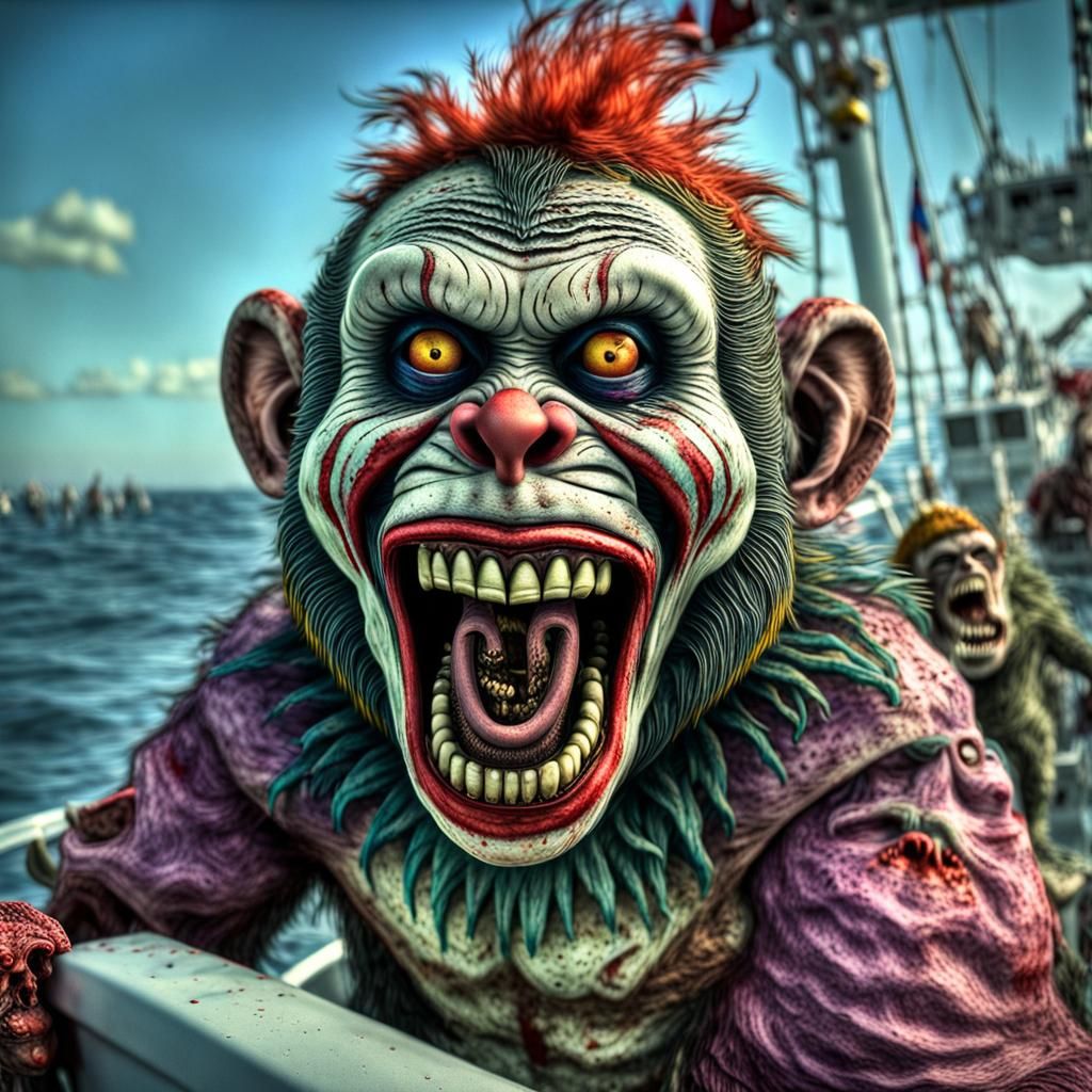 Zombie Monkey Clown Grinning Maniacally on Monster Boat