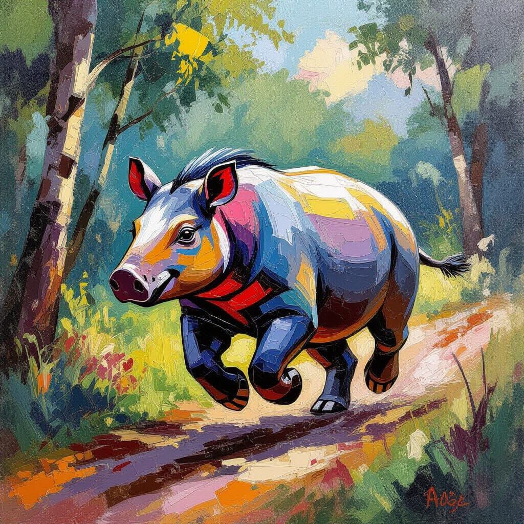 Tapir Running Through Jungle in Impasto Style