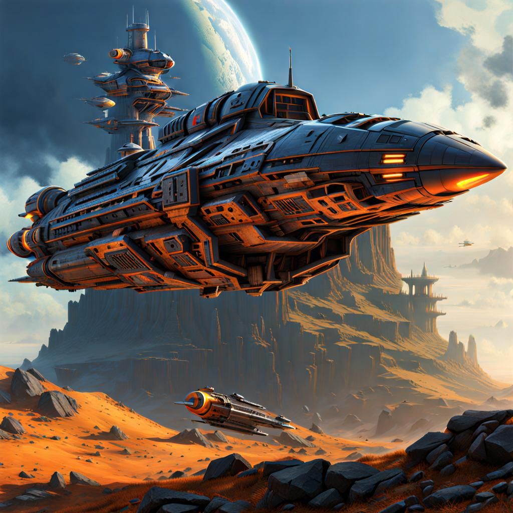 Chris Foss Style Spaceship and Ruined Castle